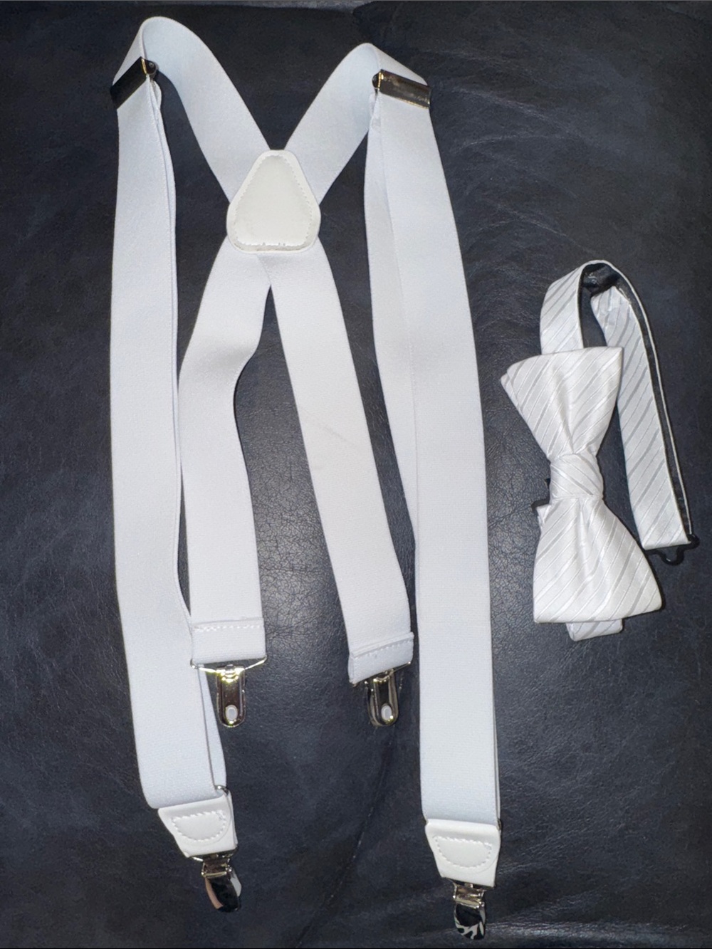 Men's Suspenders and Pre-Tied Bow Tie Set White. Both Adjustable.